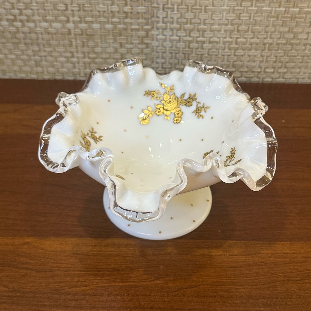 🌟HP🌟VTG 1940s-50s Fenton White Milk Glass Low Compote Silver Crest Gold Flower